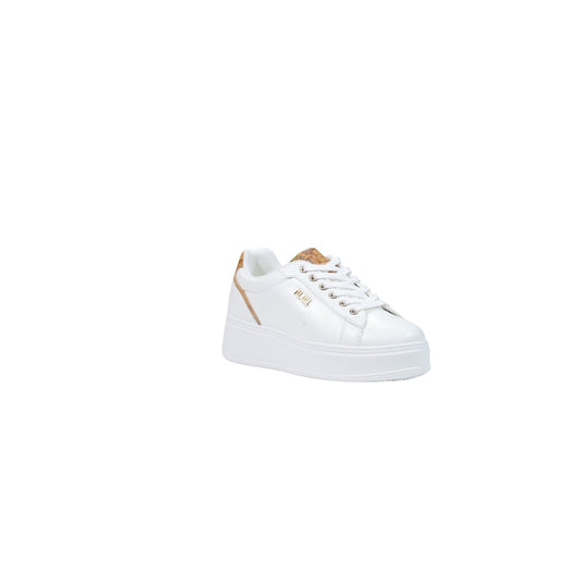 Sneakers bianche platform donna Alviero Martini Prima Classe 26IZ11625300. Scarpe da ginnastica in ecopelle bianca con suola rialzata 5,5 cm, inserti mappa Geo Classic, logo dorato e soletta estraibile.