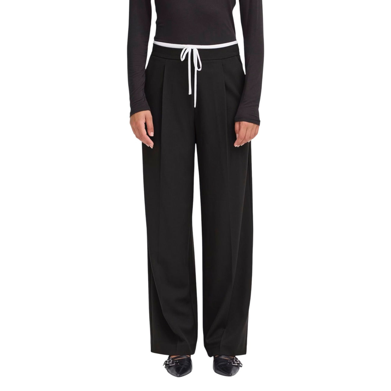 Ichi Pantaloni Donna Neri con Lacci - Pantaloni Poliestere Viscosa Tasche Autunno Inverno