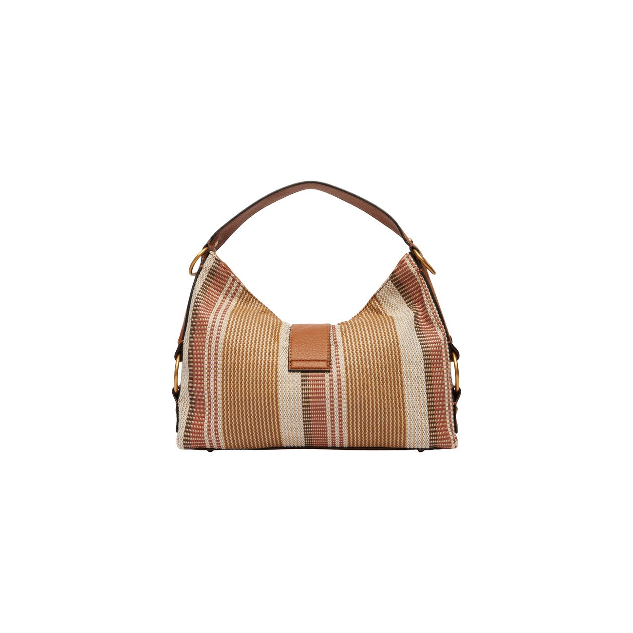 Borsa a Spalla Donna Guess Camden; Beige. Tessuto sintetico e cotone a righe con dettagli in similpelle e metalleria bronzo logata. Chiusura con zip e manico removibile (24 cm). Misure medie e capienti (36x26 cm). Posteriore 