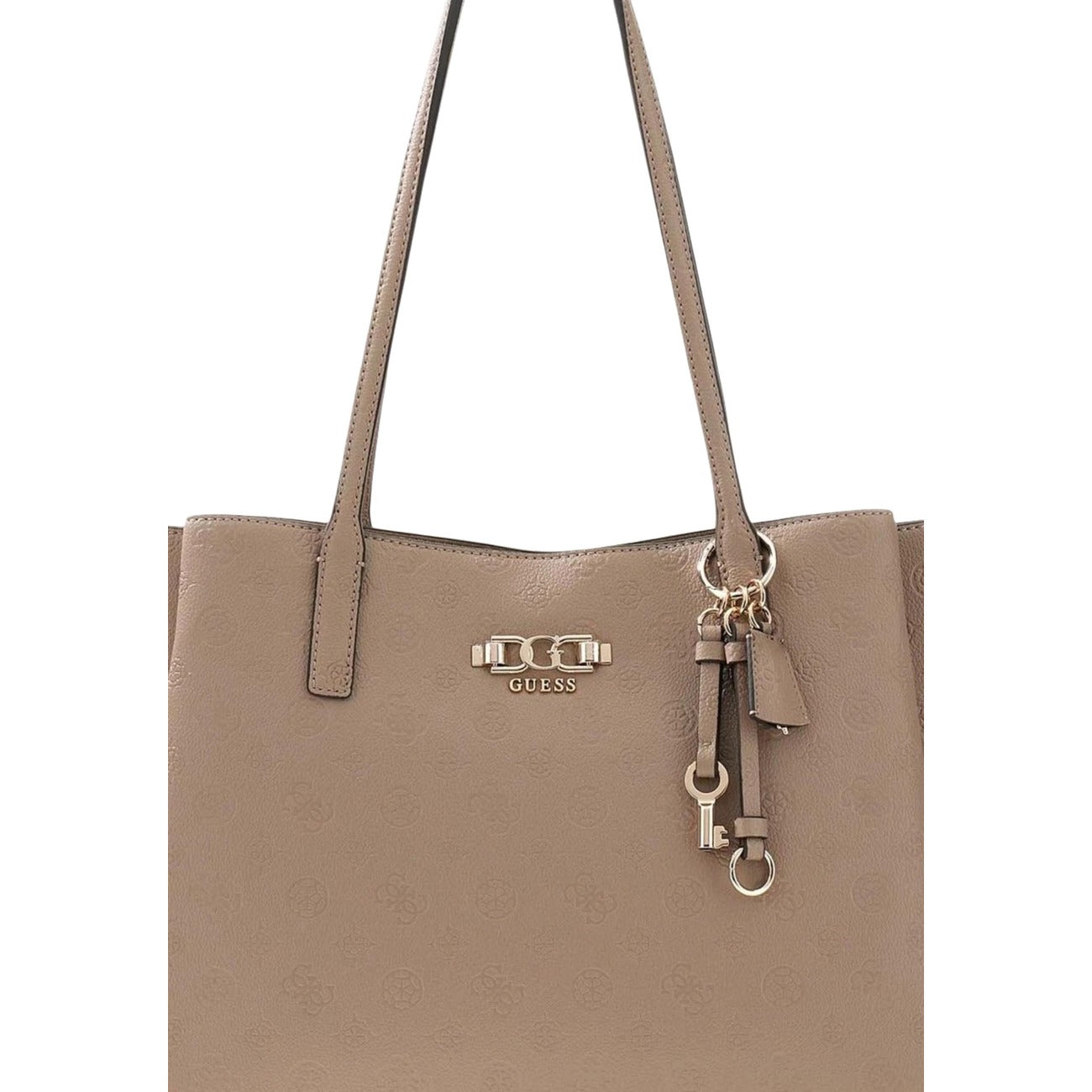 Guess Anise Multi Comp Tote HWPD99, borsa beige scuro grande a spalla con dettagli dorati e charm; interno multi-scomparto, chiusura sicura e logo metallico, massima praticità e stile. Vista frontale Dettagli logo 