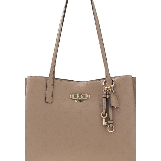 Guess Anise Multi Comp Tote HWPD99, borsa beige scuro grande a spalla con dettagli dorati e charm; interno multi-scomparto, chiusura sicura e logo metallico, massima praticità e stile. Vista frontale Dettagli logo 