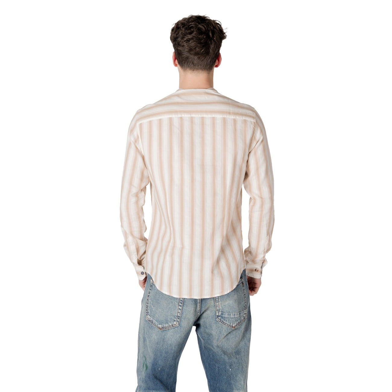 Gianni Lupo Camicia Uomo Beige Righe Manica Lunga Bottoni Scollo Tondo Colletto alla Coreana 100% Cotone Primavera/Estate GL113DA