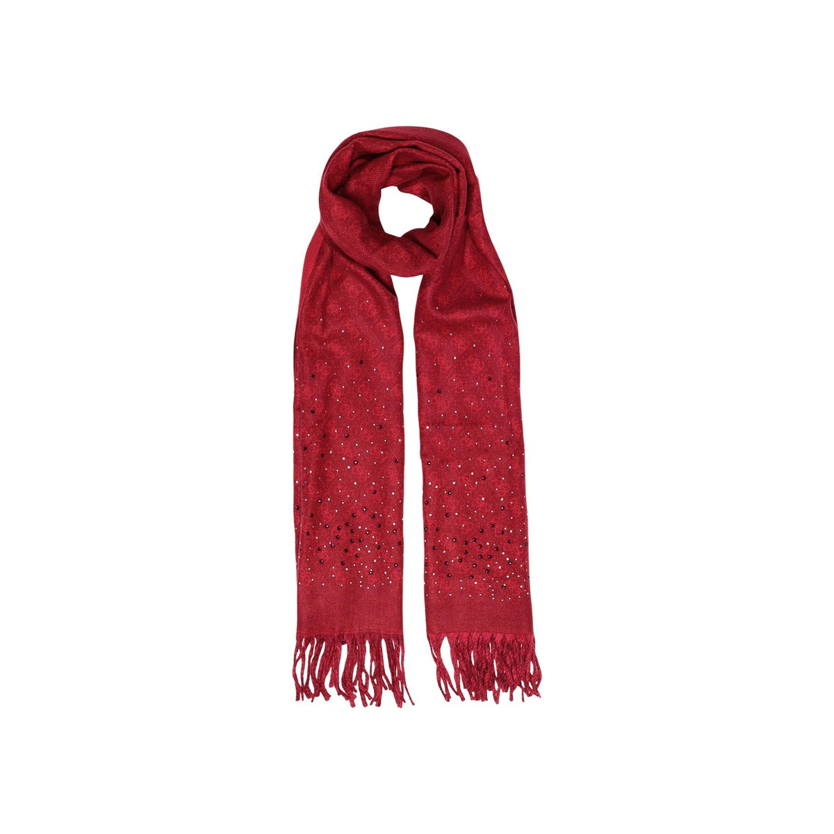 Sciarpa Guess Jewels donna AW5658 POL03. Sciarpa invernale ed elegante con logo jacquard e applicazione di strass brillanti, rifinita con morbide frange, accessorio da donna per autunno inverno. rosso