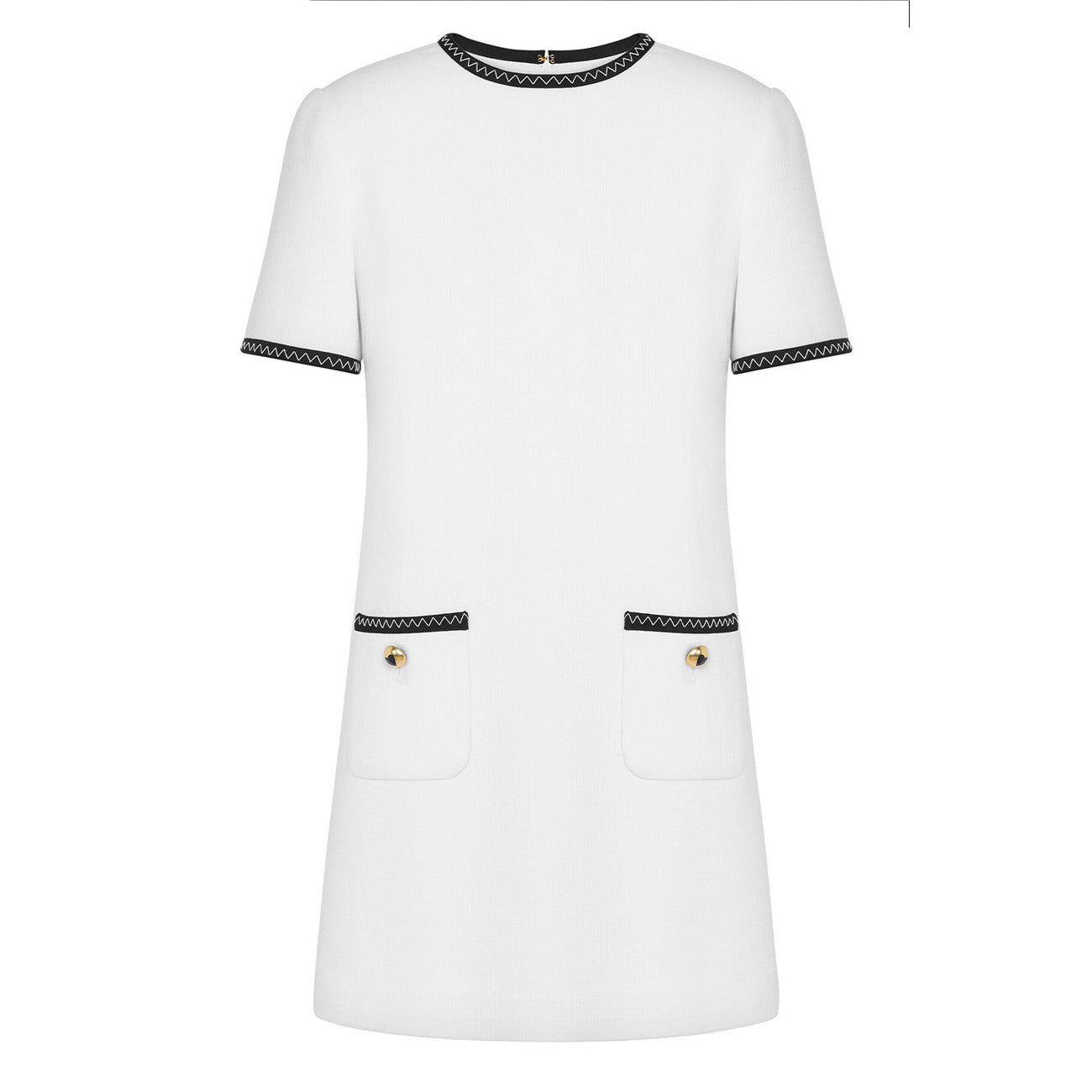 Abito corto Moschino bianco - dettaglio cerniera e scollo tondo in primo piano

