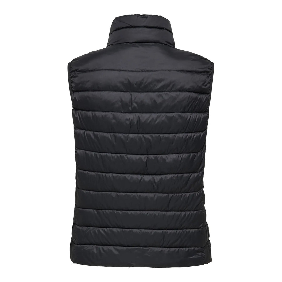 Gilet smanicato da donna Only codice 15351970 in nylon nero resistente all'acqua con collo alto, chiusura a zip e tasche con cerniera.