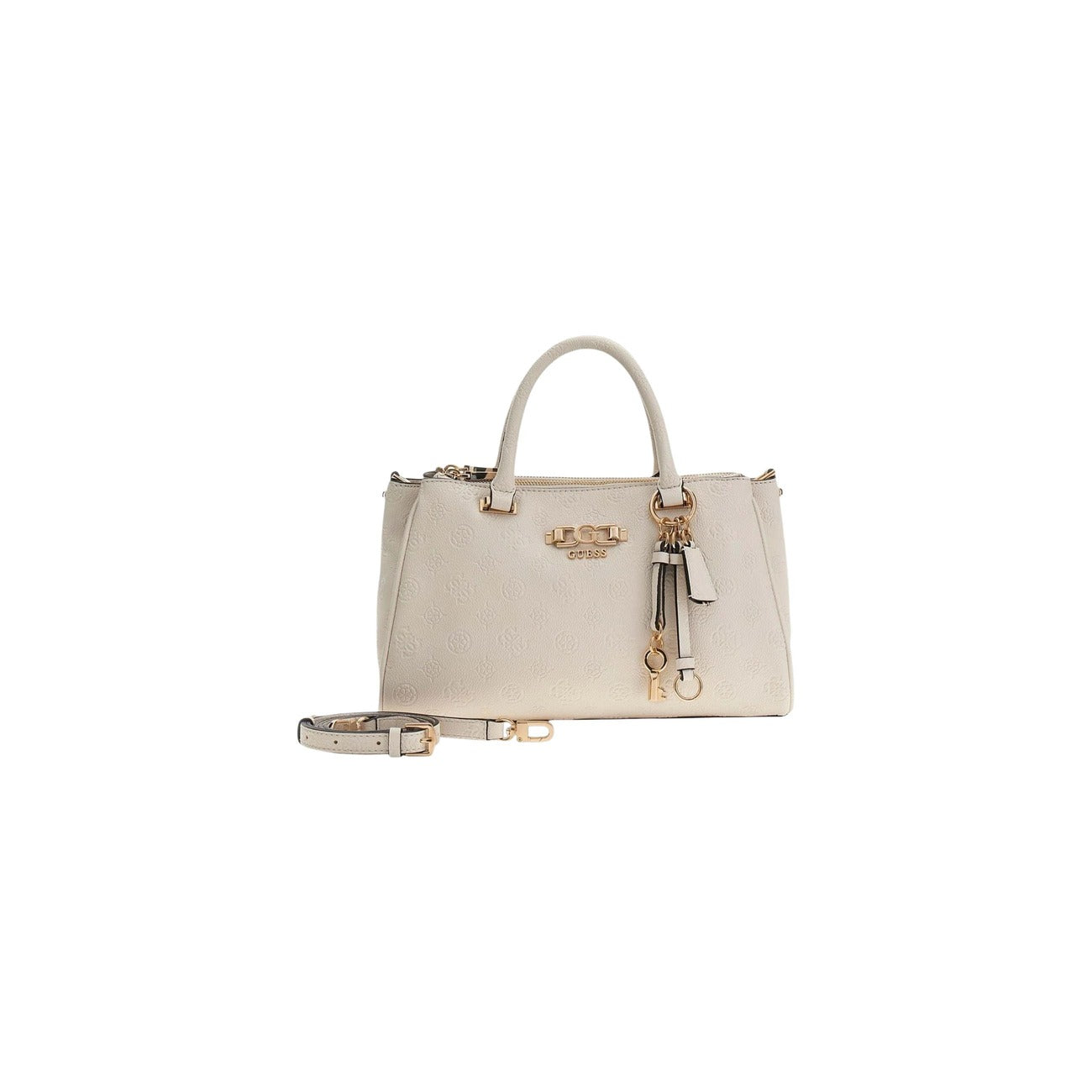 Guess Anise Triple Comp Satchel HWPD99, borsa beige media con tre scomparti e charm a chiave; dettagli dorati, chiusura sicura e logo Guess, ideale per l'uso quotidiano organizzato. Vista frontale Con tracolla