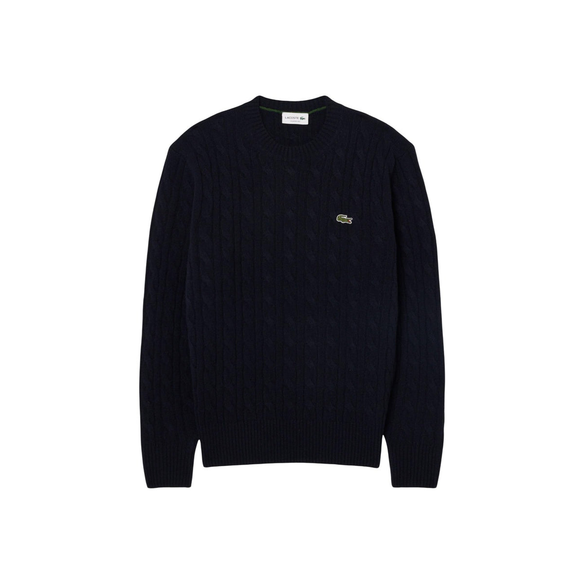 Maglione lana trecce uomo Lacoste AH2924-00. Pullover invernale pesante in lana girocollo blu e verde con bordi a coste e logo coccodrillo Lacoste.
