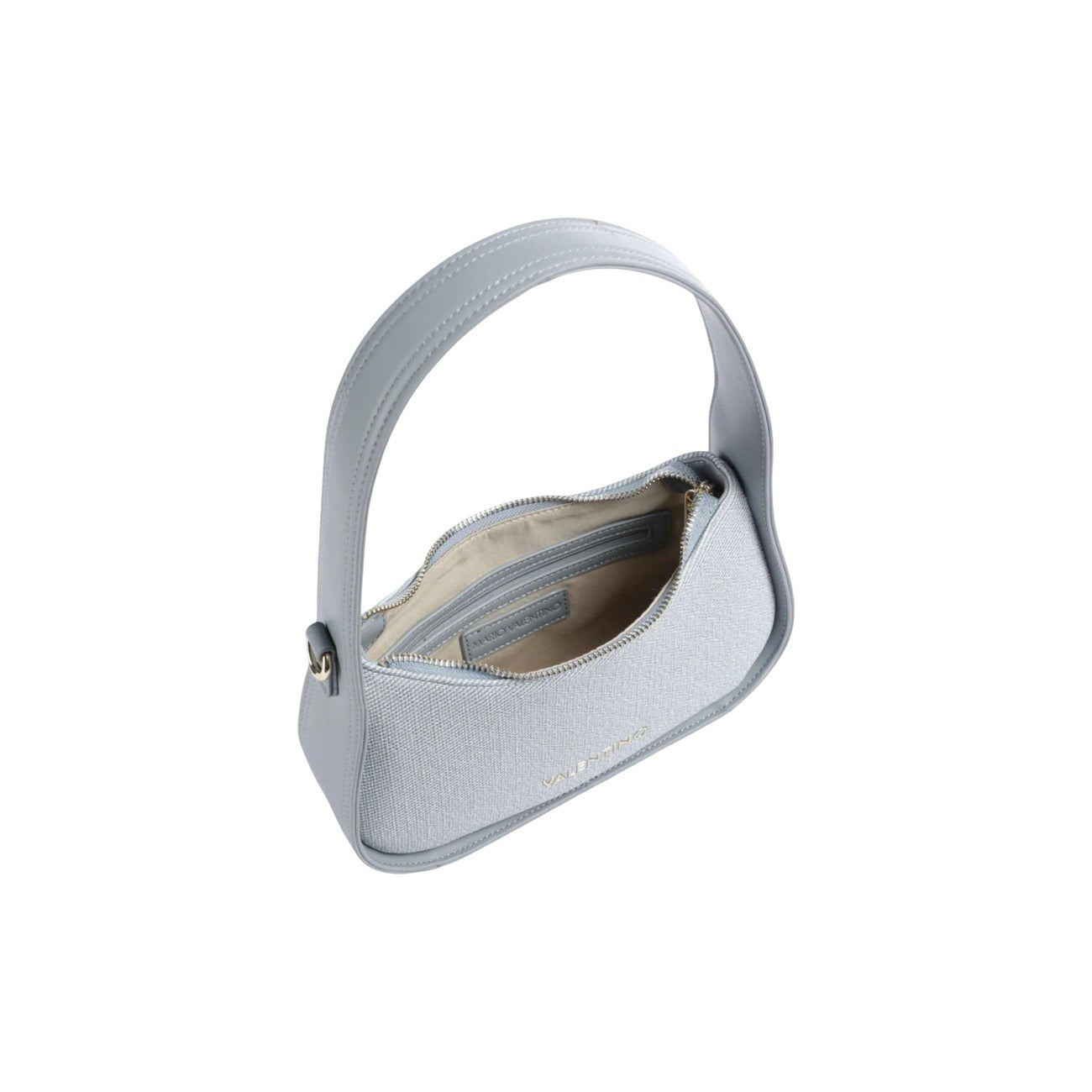Borsa Baguette Piccola Blu Donna Valentino Bags Atena; Misure 6x15x6 cm. Tessuto 100% cotone con manico superiore regolabile e tracolla rimovibile. Chiusura superiore con cerniera oro lucida, stile elegante e primaverile. Vista aperta 