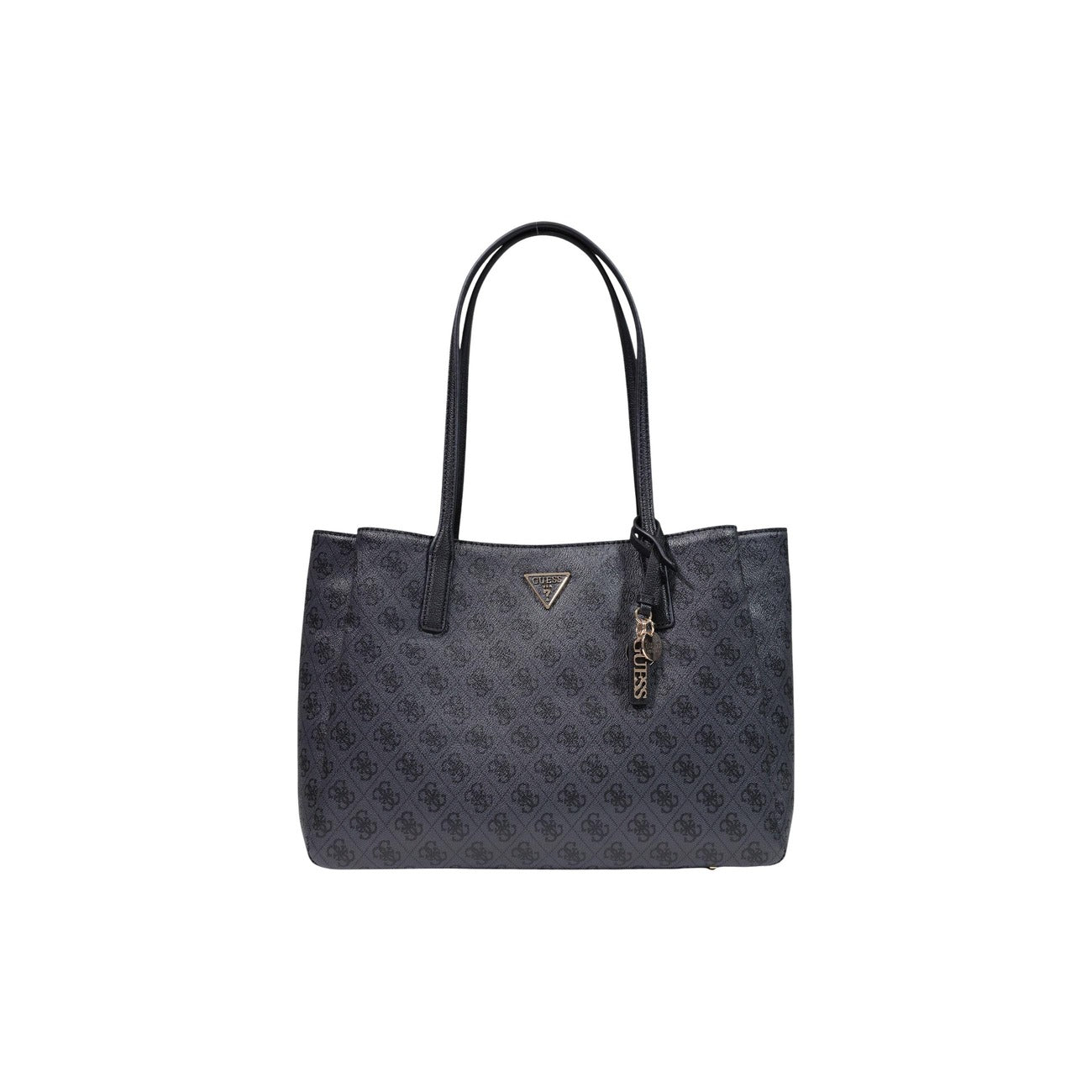 Borsa Shopper Grande Donna grigio antracite Guess Anadela; Struttura 100% poliuretano con motivo logo all-over e chiusura a zip. Triplo scomparto interno, manici lunghi a spalla e charm coordinato, stile elegante 4 stagioni.