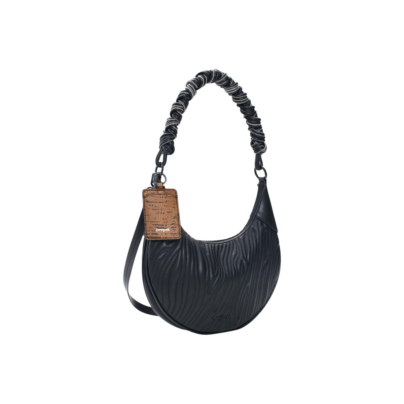 Borsa di forma ovale, con tracolle intercambiabili, stampa in rilievo e dettaglio di charm con porta carte. Vista frontale laterale 
