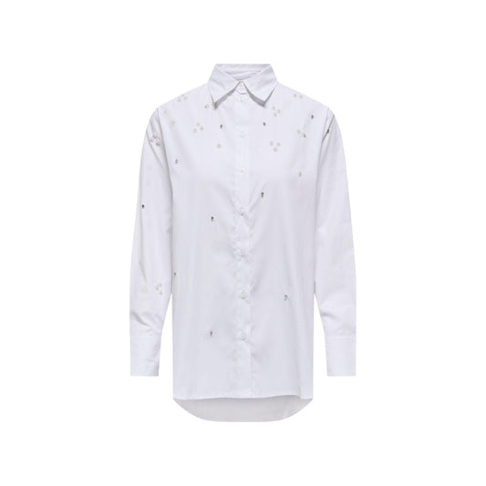 Camicia bianca ricamata donna Only ONLSARINA Loris 15378307. Blusa a maniche lunghe in poliestere riciclato e cotone con ricami delicati, colletto regolare e vestibilità dritta per la mezza stagione.