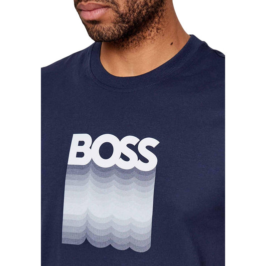 T-shirt Boss uomo blu in cotone - dettaglio frontale primo piano stampa logo

