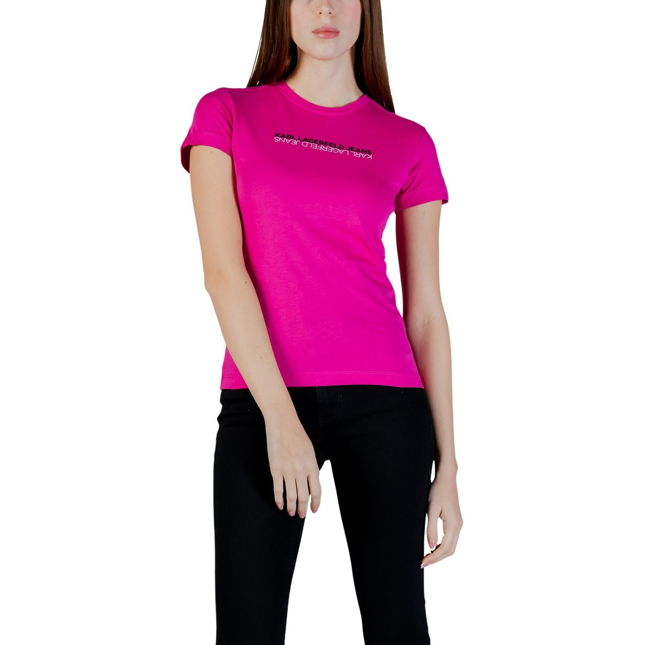 T-shirt donna Karl Lagerfeld Jeans modello SLIM SS REFLECTION TEE fucsia in cotone a maniche corte con scollo tondo