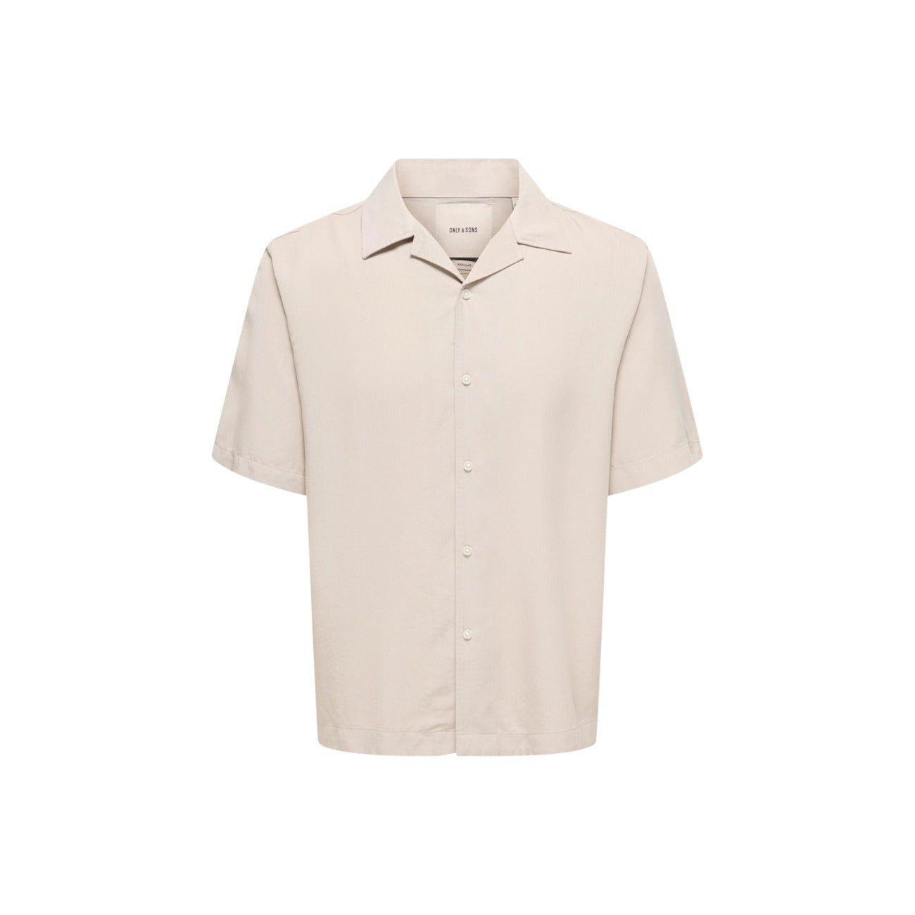 Camicia Only & Sons Onsperu; beige, 100% Tencel. Maniche corte, regular fit, colletto aperto. Tessuto traspirante, sostenibile e antipiega naturale. Ideale per la stagione estiva. Vista Frontale stesa 