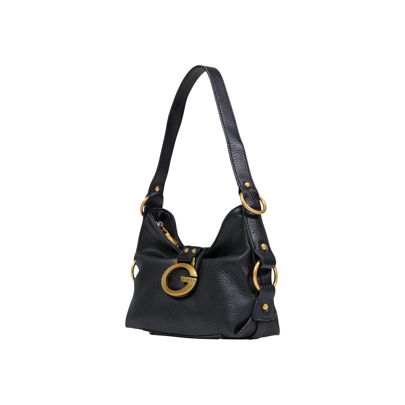 Borsa a spalla nera Guess camden in similpelle e Presenta una chiusura con cerniera lampo e una maxi fibbia metallica color oro con logo. 