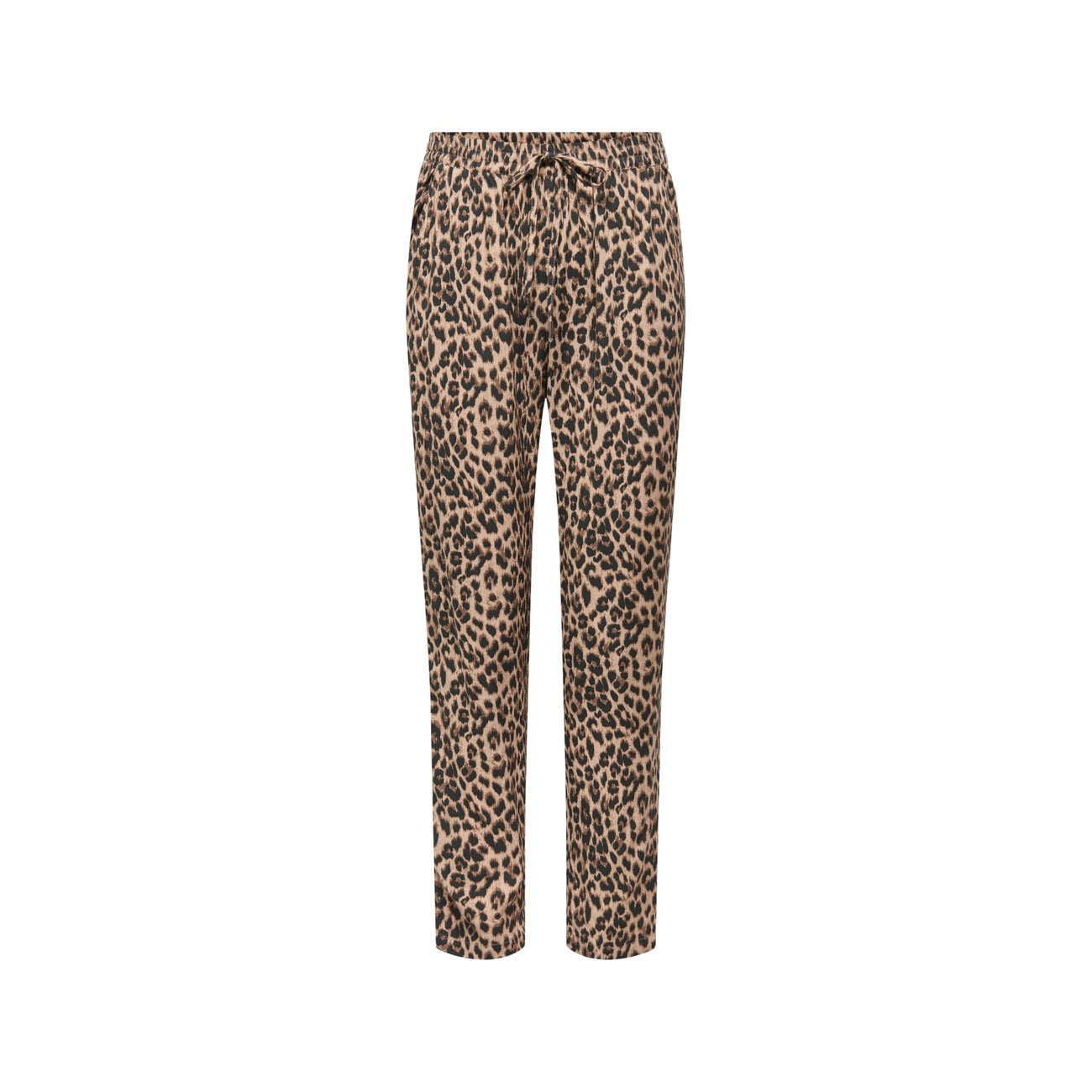 Pantaloni Only Animalier; 100% Viscosa. Vita elastica con coulisse, tasche laterali, linea regular. Tessuto leggero effetto seta. Pantaloni donna casual-wild ideali per l'estate. Frontale stesa