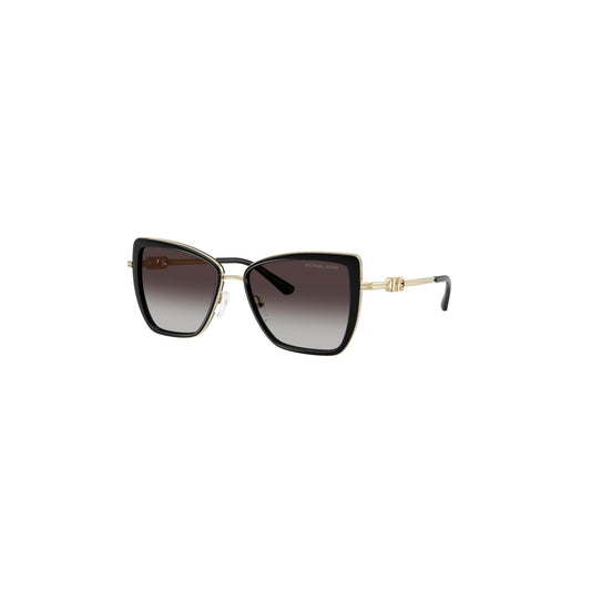 Occhiali da sole Michael Kors donna farfalla neri modello Sea Island MK 1178 30058G con lenti grigie sfumate. Occhiali da sole femminili oversize a farfalla in metallo nero stile luxury chic. Frontale laterale 