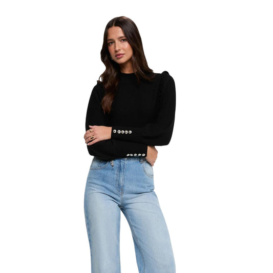 Maglione corto donna Morgan De Toi nero – Pullover collo alto bon ton con volant e bottoni 222-MGENEV.