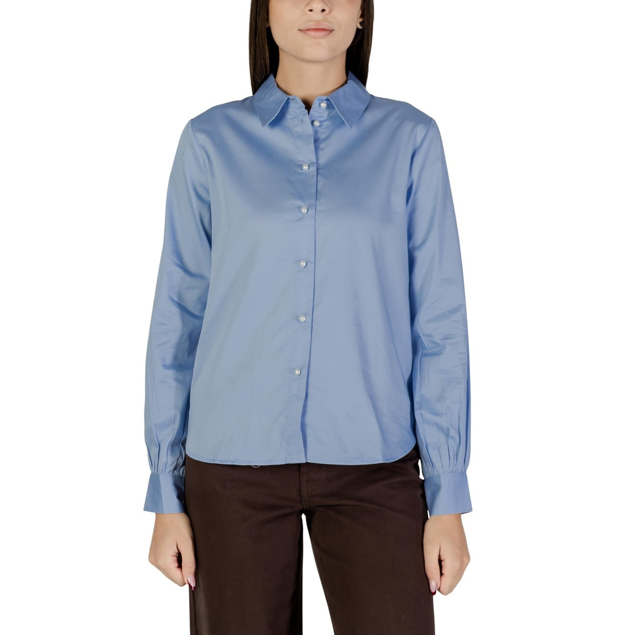 Jacqueline De Yong Camicia Donna Blu con Bottoni Maniche Lunghe Scollo Tondo Colletto Classico - Camicia Cotone