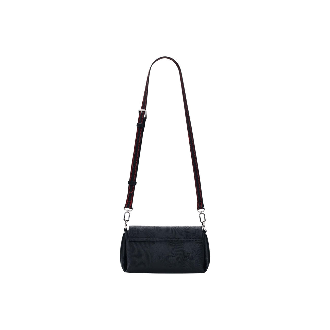 Borsa piccola con pattina e fiori ricamati in rilievo nello stesso tono, tracolle intercambiabili e charms rimovibili con perline colorate e strisce effetto pelle. Vista posteriore retro con tracolla 