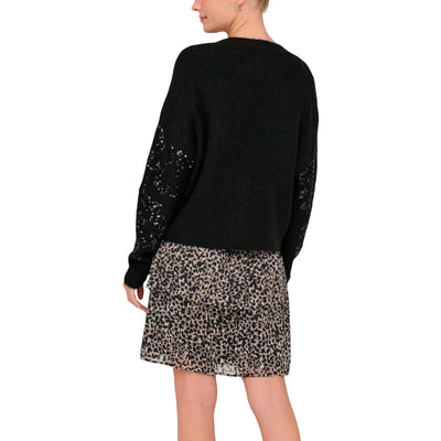 Only Maglia Donna Nera Maniche Lunghe con Paillettes - Maglia Acrilico Poliestere Elastan Scollo Tondo