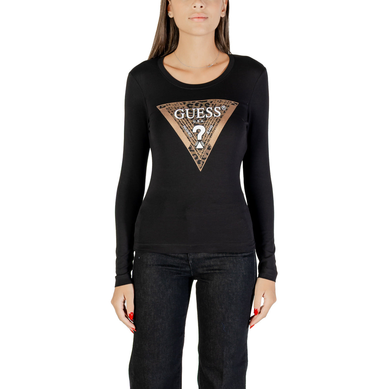 Guess T-Shirt Donna Nero Stampa Maniche Lunghe Scollo Tondo Cotone 95% Elastan 5% W5BI75 J1314