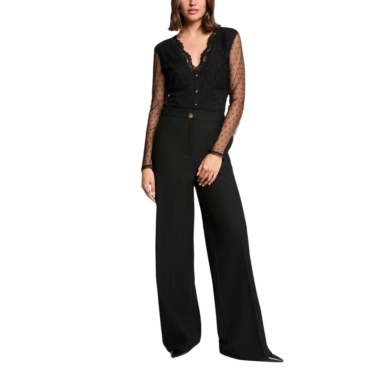 Body Morgan De Toi donna nero con bottoni scollo a V - vista frontale indossata da modello con pantaloni
