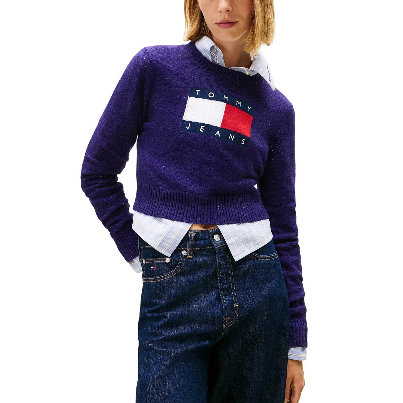 Tommy Hilfiger Jeans Maglione Donna Grigio con Stampa Maniche Lunghe - Maglione Cotone Organico Poliestere Poliammide Elastan Scollo Tondo