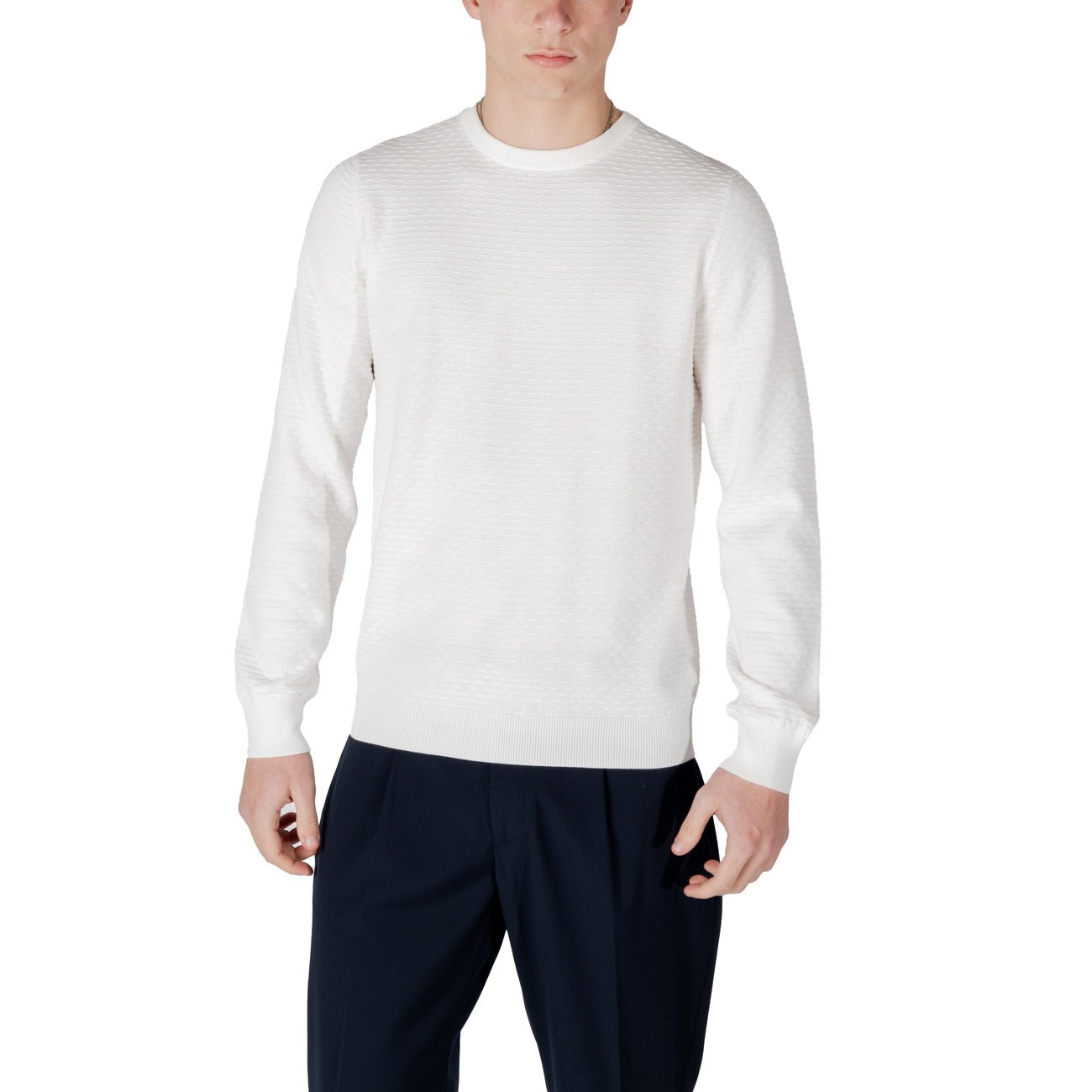 Antony Morato Maglia Uomo Bianca Monocromo Maniche Lunghe Scollo Tondo in Cotone 100% MMSW01498-YA100071
