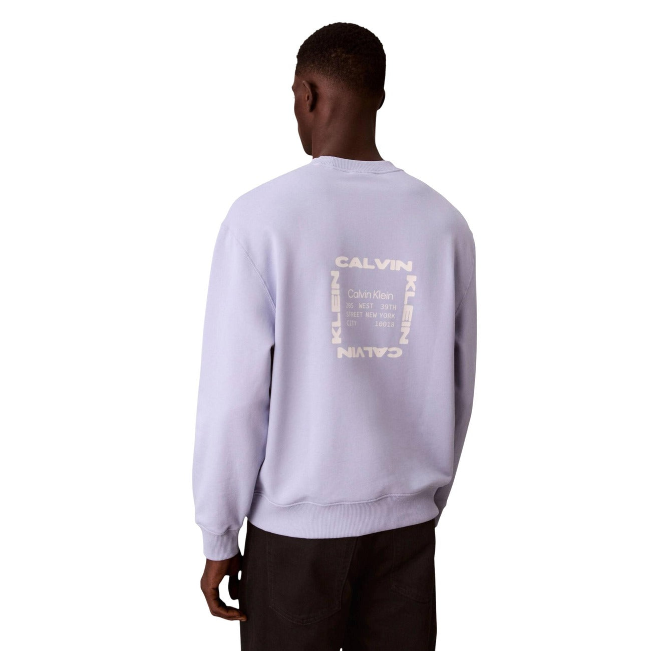 Felpa CK Jeans Girocollo; 100% Cotone. Logo stampato sul petto, finiture a coste, vestibilità regular. Maglia uomo leggera e versatile, perfetta per il layering quotidiano. Colore lilla vista posteriore