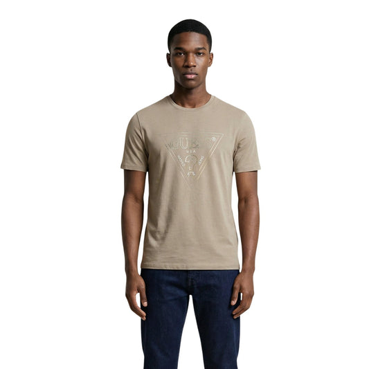 T-shirt uomo Guess modello CN SS TRIANGLE HD MULTICOLOR T beige in cotone 100% a maniche corte con stampa multicolore
