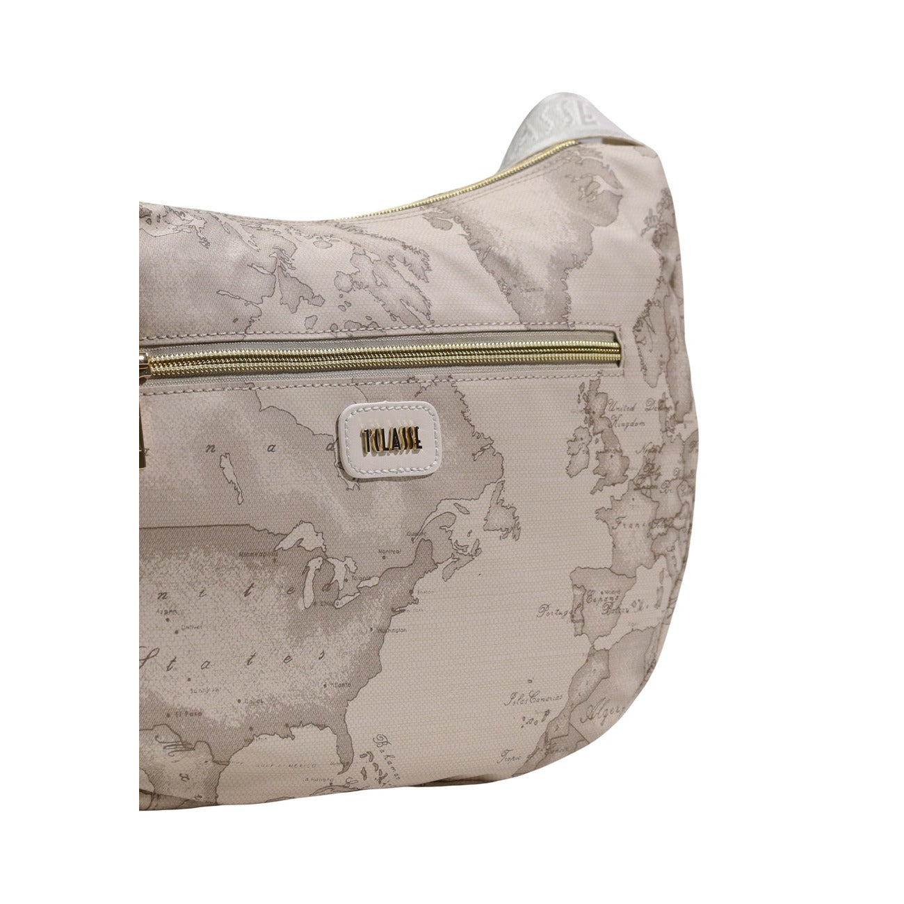 Borsa a spalla Alviero Martini 1^ Classe; stampa Geo, tracolla regolabile, tasca frontale, dettagli dorati. Design elegante e funzionale.