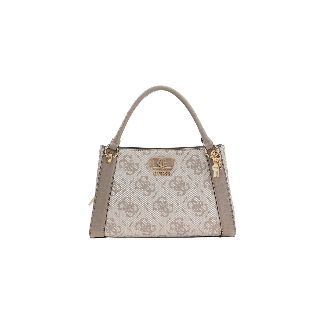Borsa Guess Karnilla Logo Satchel Beige; 100% Poliuretano. Stampa logo 4G, dettagli dorati, tracolla inclusa. Borsa a mano capiente con chiusura sicura zip e bottoni. Vista frontale 