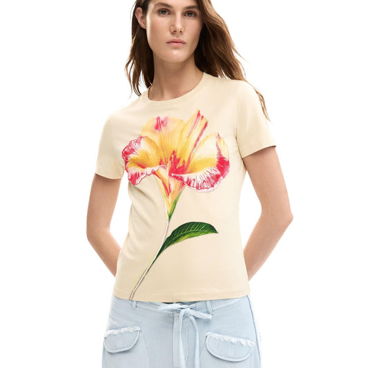 T-shirt Desigual LARGE FLOWER con stampa floreale beige. 
