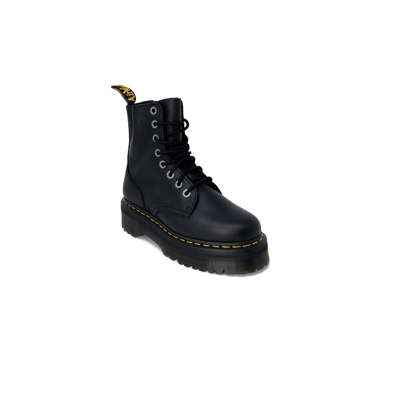 Anfibi platform Dr Martens Jadon 3 pelle Pisa nero. Stivaletti alti con zeppa alta, pelle nappa bottalata morbida con finitura cerosa, cerniera laterale e impunture gialle Dr Martens.