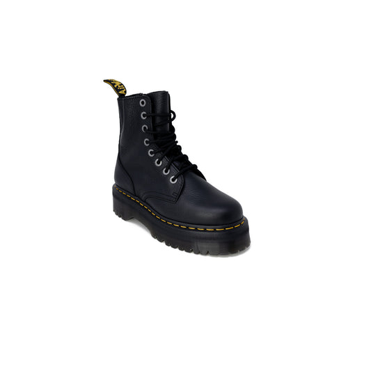 Anfibi platform Dr Martens Jadon 3 pelle Pisa nero. Stivaletti alti con zeppa alta, pelle nappa bottalata morbida con finitura cerosa, cerniera laterale e impunture gialle Dr Martens.