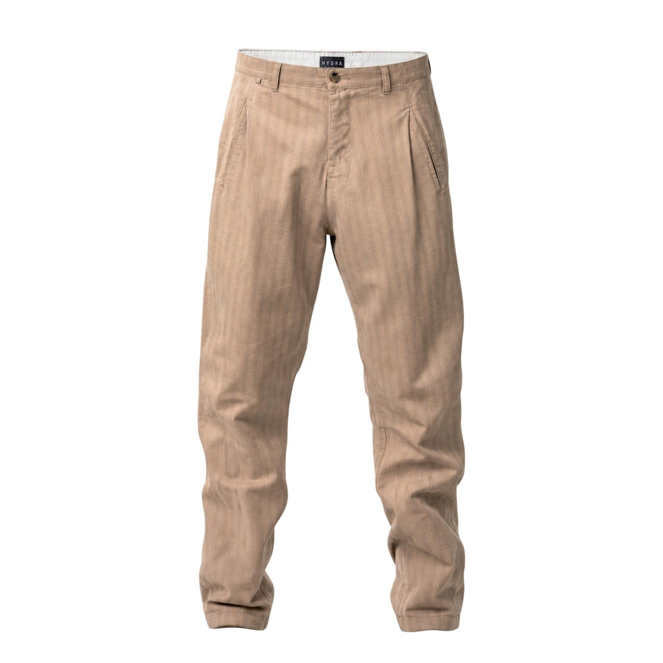 Pantaloni Regular Marroni Hydra Clothing; 100% Cotone. Fantasia a micro righe, tasche oblique, vestibilità rilassata. Leggeri e confortevoli, ideali per un look moderno e versatile. Frontale stesa 