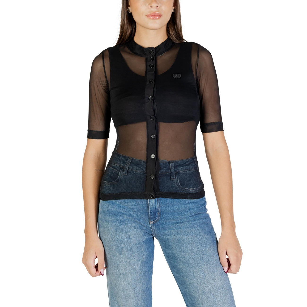 Colcci Blusa Donna Nero Bottoni Manica Corta Scollo Tondo Poliestere Elastan Autunno Inverno 036.11.00139