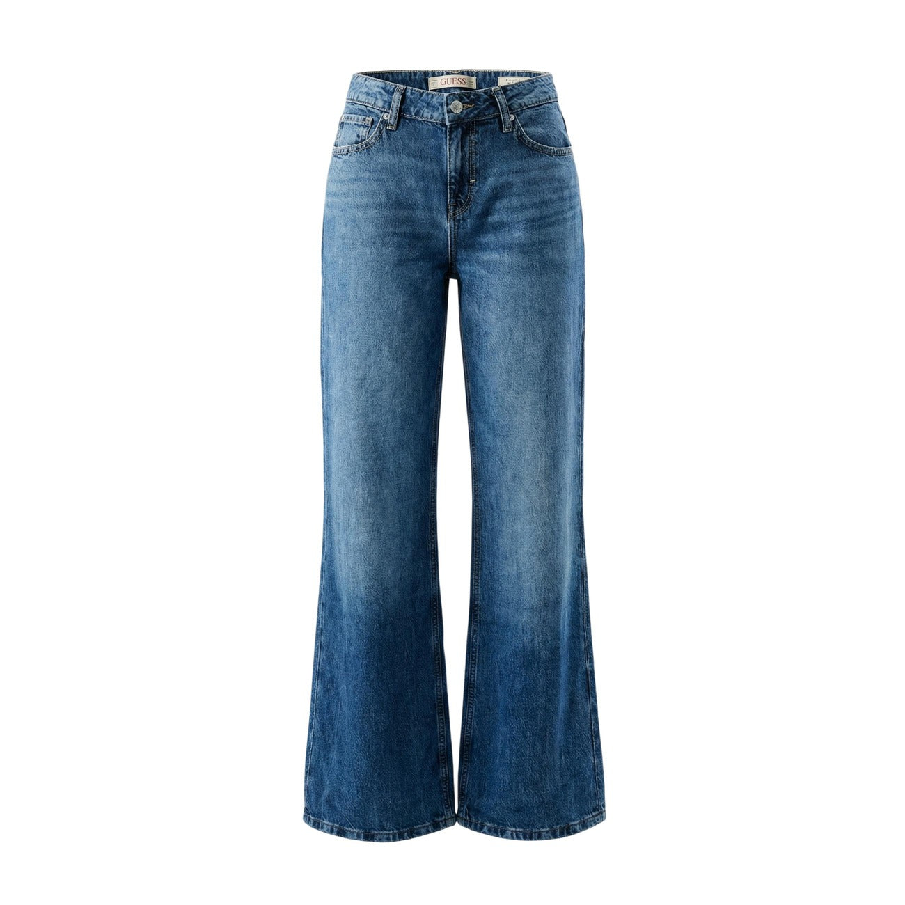 Jeans Guess Baggy; 55% Cotone, 45% Lyocell. Vita bassa, gamba ampia, cinque tasche. Jeans donna leggeri e traspiranti dal fit rilassato e contemporaneo. Vista frontale stesa 
