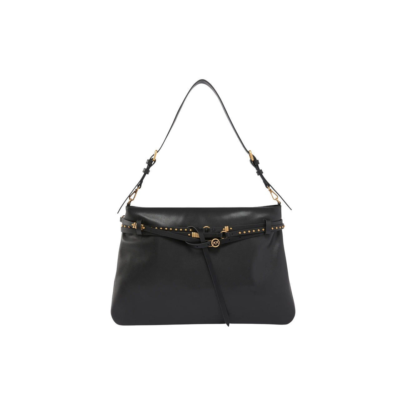 Borsa Pinko Belt Bag Big; 100% Pelle di vacca. Dettagli con cintura multi-giro, borchie e logo Love Birds. Doppia portabilità (spalla/crossbody), chiusura con zip. Design piatto a trapezio, stile unico. Vista frontale 