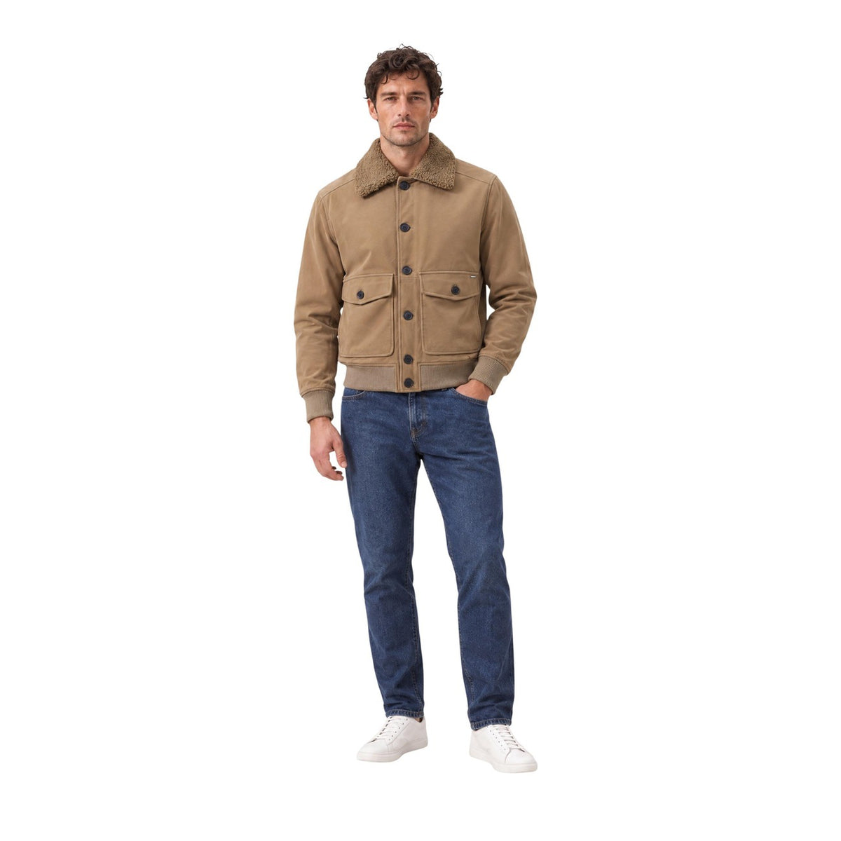 Bomber ecopelle uomo Gianni Lupo – Giubbotto beige con colletto in shearling GL9857.