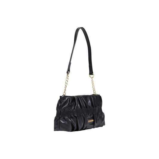 Borsa Love Moschino donna nera a spalla modello JC4089PP. Borsetta piccola elegante plissettata effetto pelle nera con tracolla a catena oro e zip stile elegante, casual chic e da sera.
