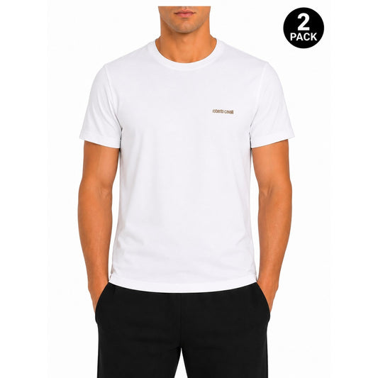 T-shirt Intima Uomo Bianca Roberto Cavalli Underwear; Tessuto 95% cotone e 5% elastan a maniche corte con scollo a girocollo. Taglio aderente comfort per tutte le stagioni. Vista frontale 