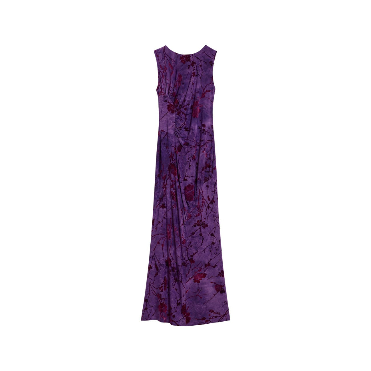 Abito Desigual donna viola Alina VEST_ALINA. Vestito midi aderente smanicato in poliestere riciclato floccato con motivo floreale orientale e dettagli drappeggiati sul davanti.
