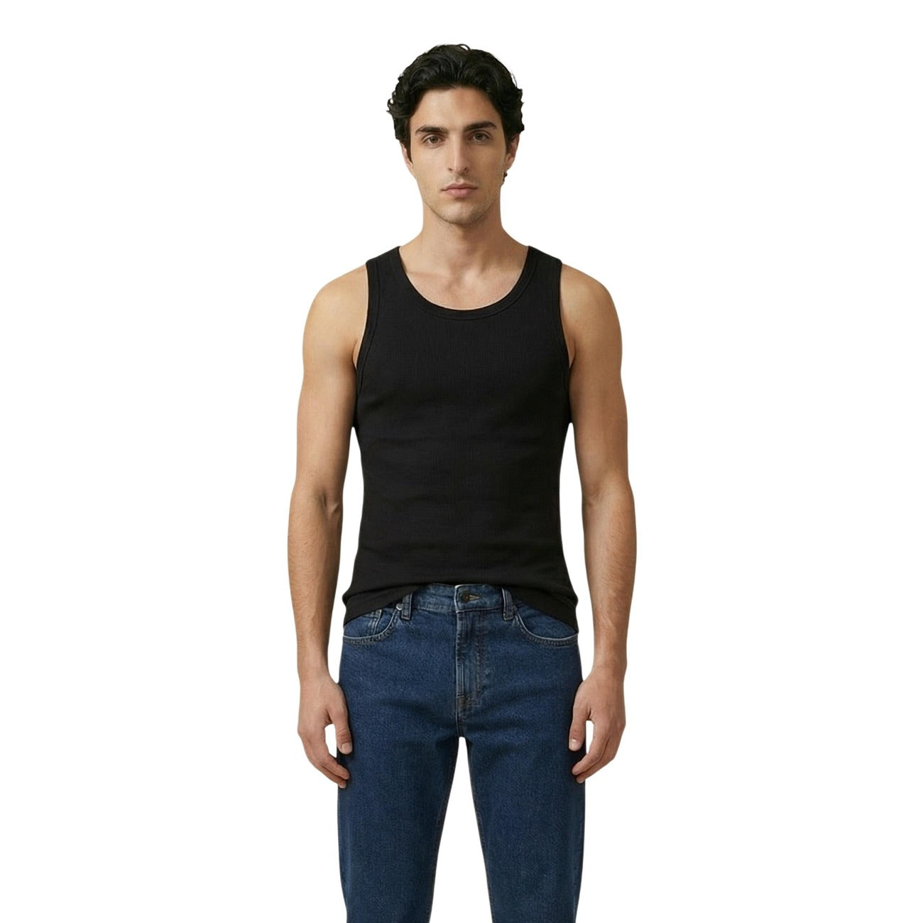 Calvin Klein Jeans Canotta nera a costine Uomo. Composta da 94% cotone 6% elastan. Scollo tondo vista frontale 