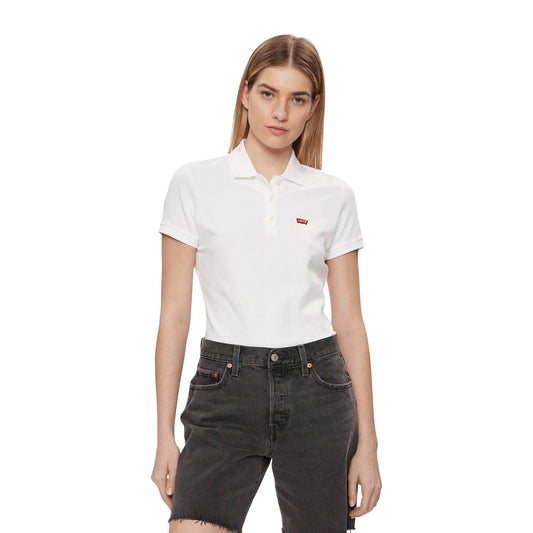 Polo Levi's donna bianca modello 52599-0000. Maglietta a maniche corte tipo polo in cotone stretch bianco con colletto classico, scollatura a tre bottoni e micro logo sul petto, stile casual e sportivo.