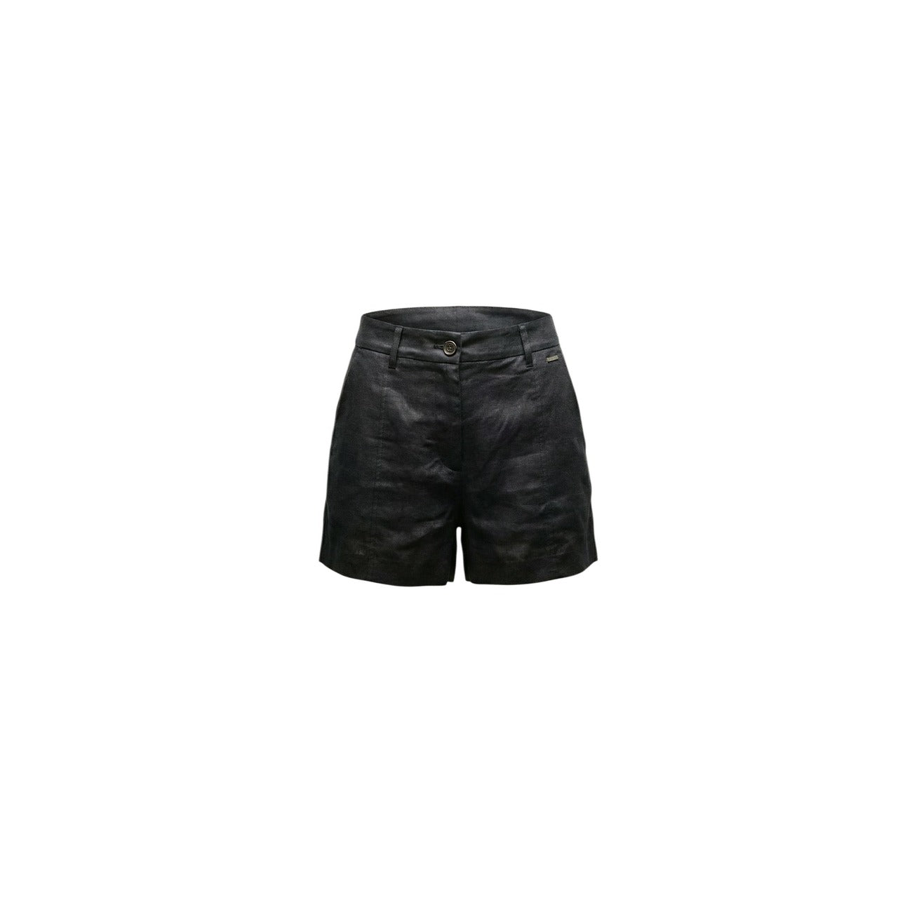 Shorts Guess Isabeau Linin; Misto Lino e Modal. Taglio svasato, dettagli sartoriali, placca logo metallica. Pantaloncini donna eleganti, freschi e confortevoli. Vista frontale stesa 