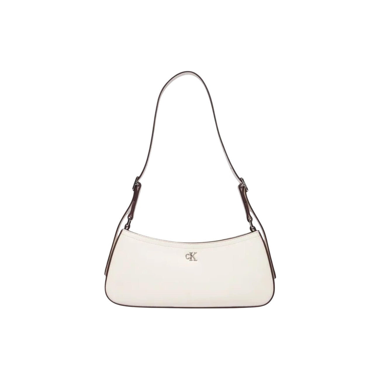 Calvin Klein CK Small Shoulder Bag; 51% poliestere riciclato, logo metallico, tracolla regolabile. La borsa a spalla chic e compatta per look day-to-night. Colore bianco. Vista frontale
