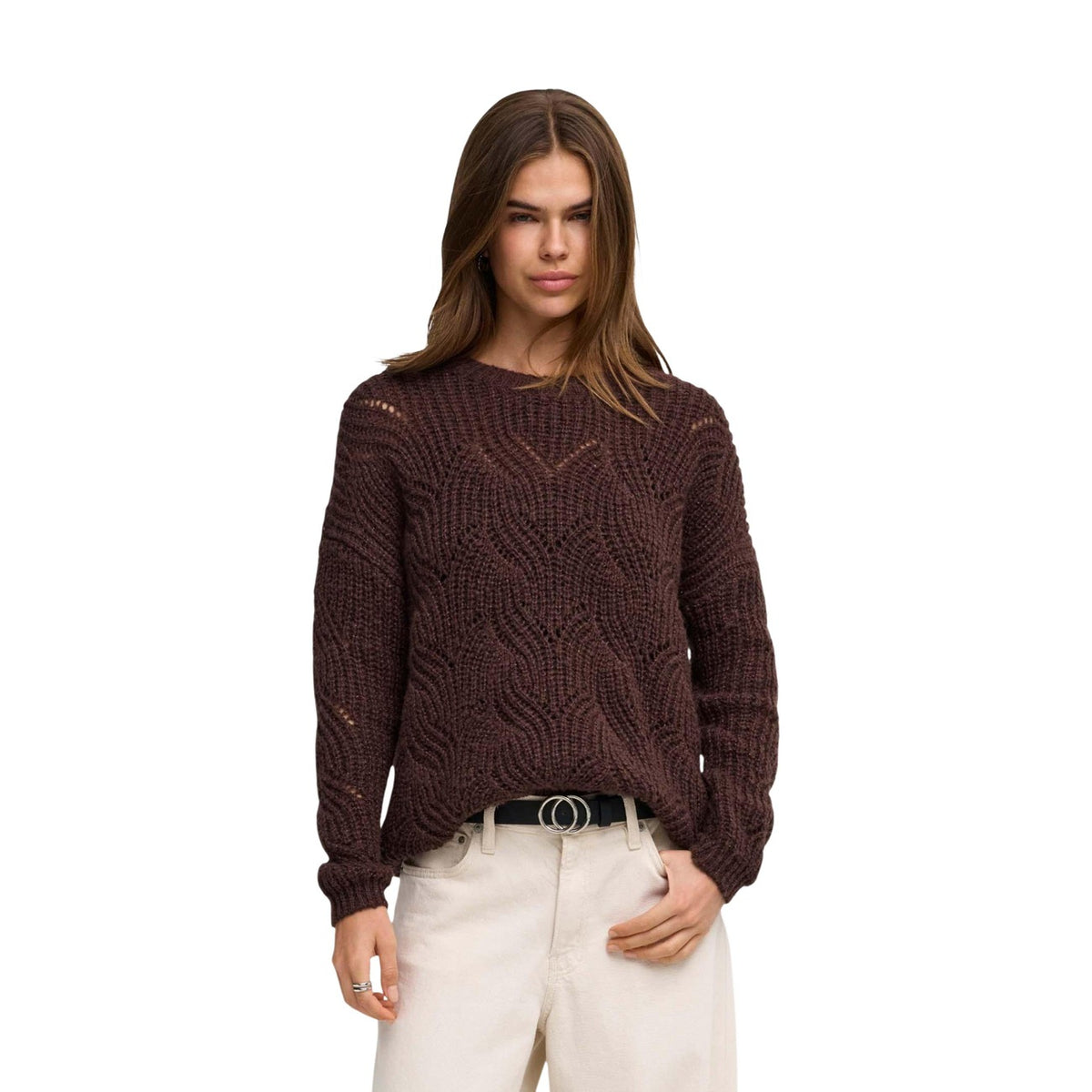 Maglione marrone glitter donna Only 15352712. Pullover in maglia testurizzata marrone con punti luce glitter, scollo rotondo e maniche lunghe.