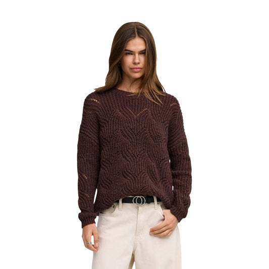 Maglione marrone glitter donna Only 15352712. Pullover in maglia testurizzata marrone con punti luce glitter, scollo rotondo e maniche lunghe.